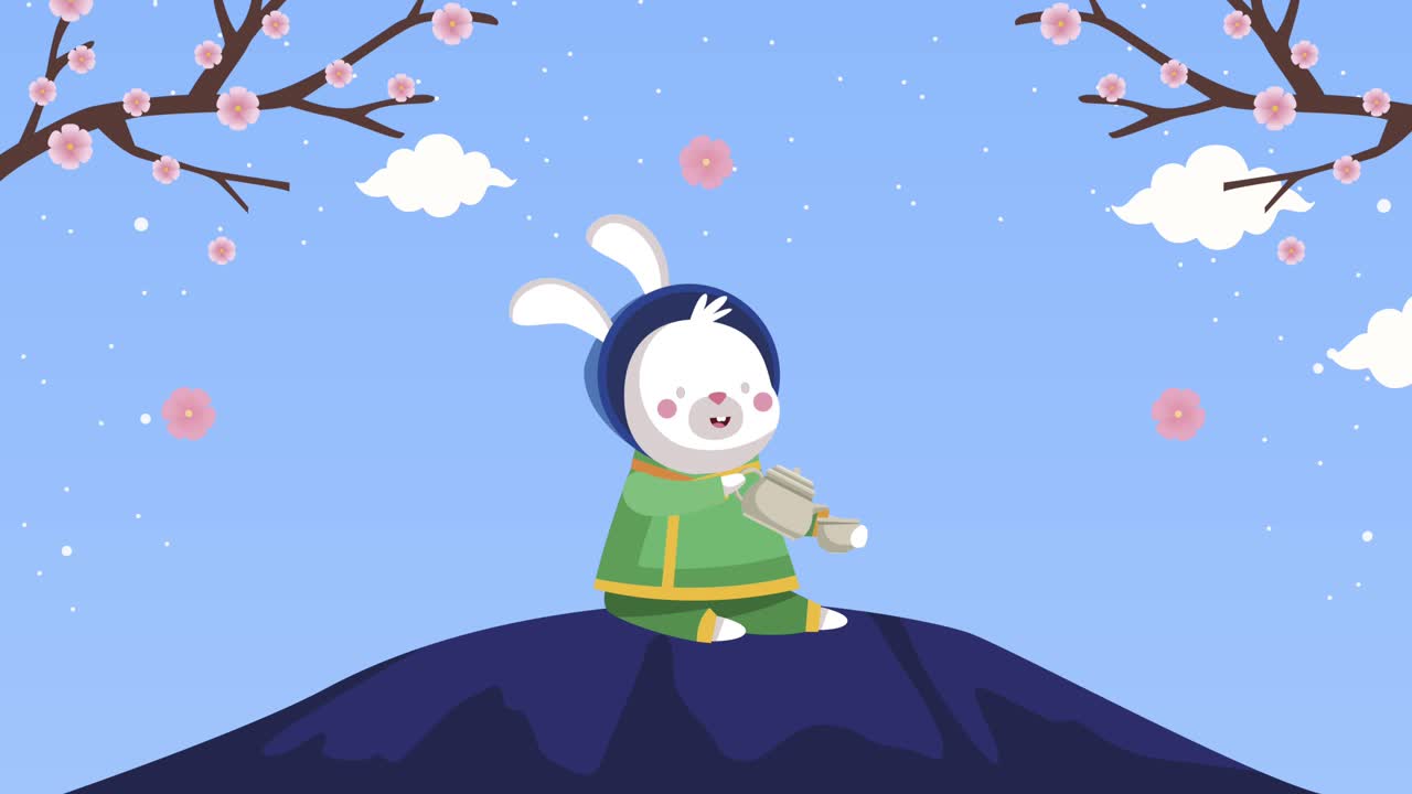 animación de mediados de otoño con un conejo sentado en la montaña