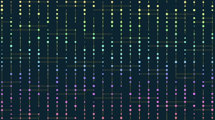 Symmetrical grid of colorful overlapping dots on dark background
