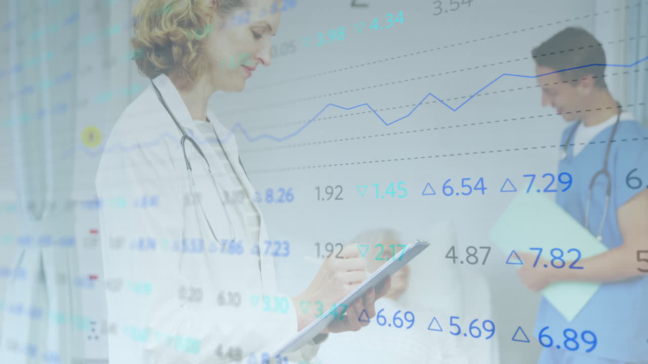 Analyzing financial data and stock market trends, healthcare professionals collaborating