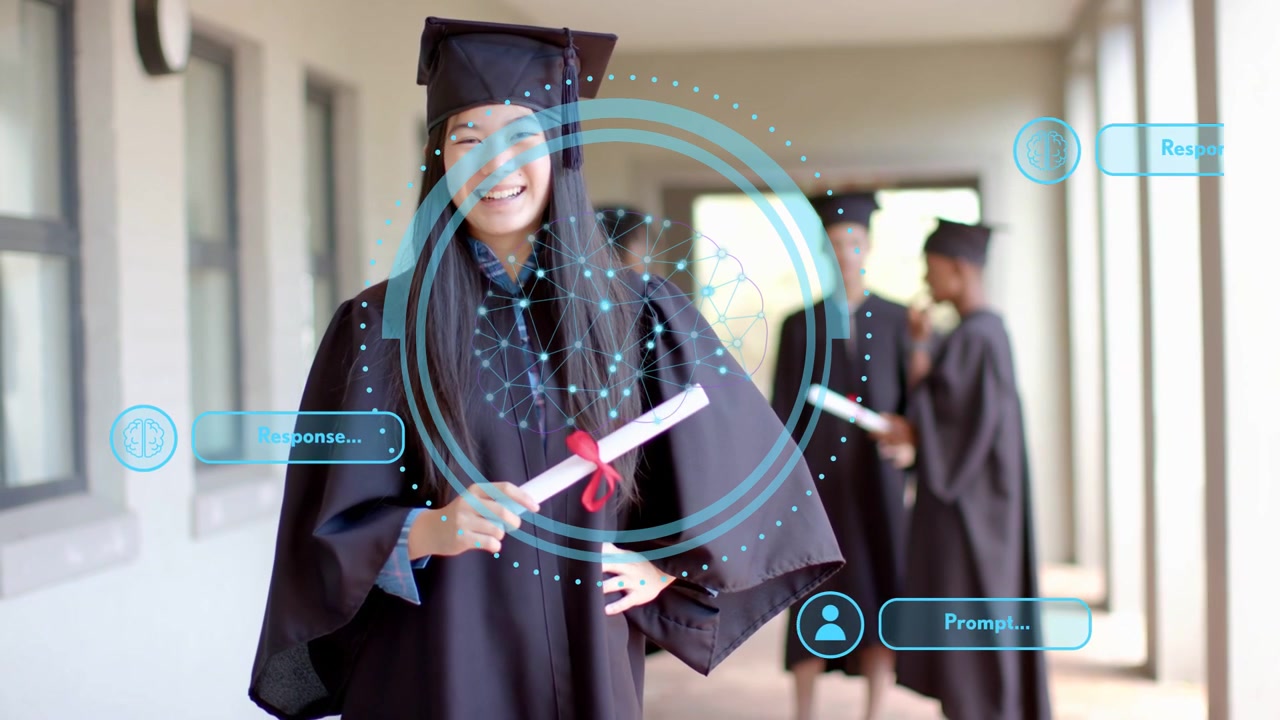 Camera centering female grad, activating blue HUD while holding diploma smiling, marking graduation