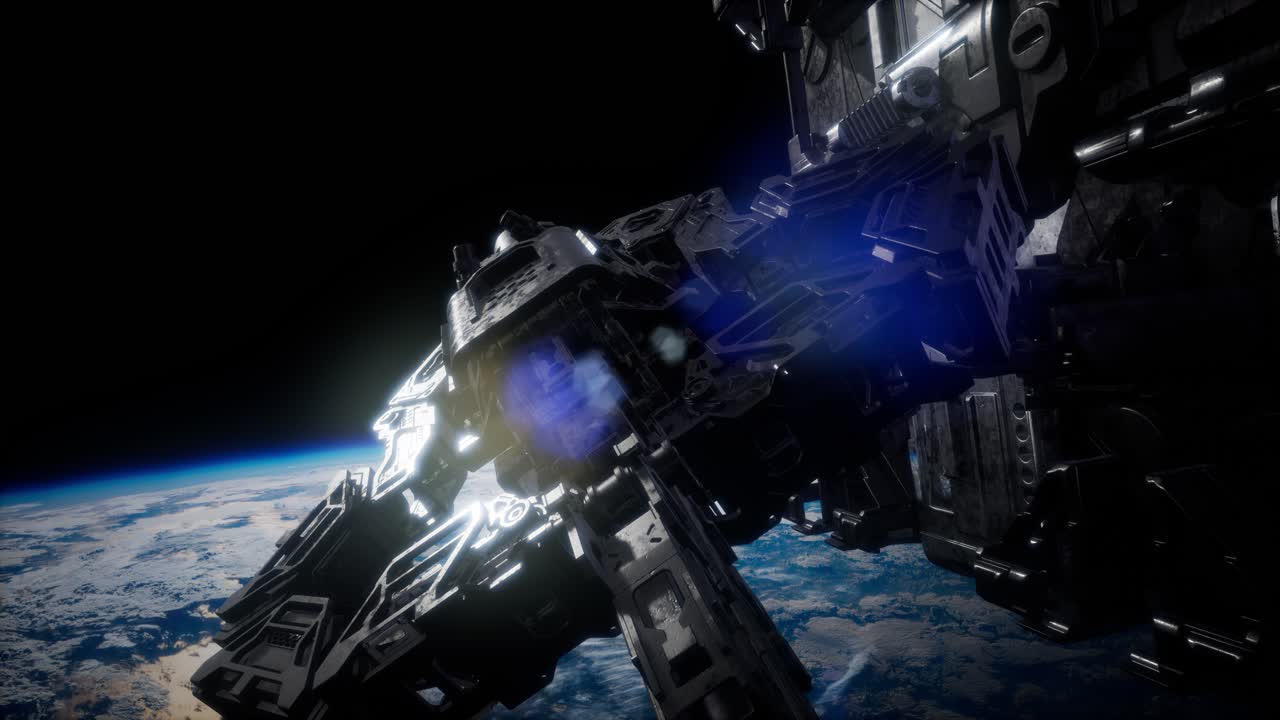 애니메이션 우주 정거장을 비행하는 것