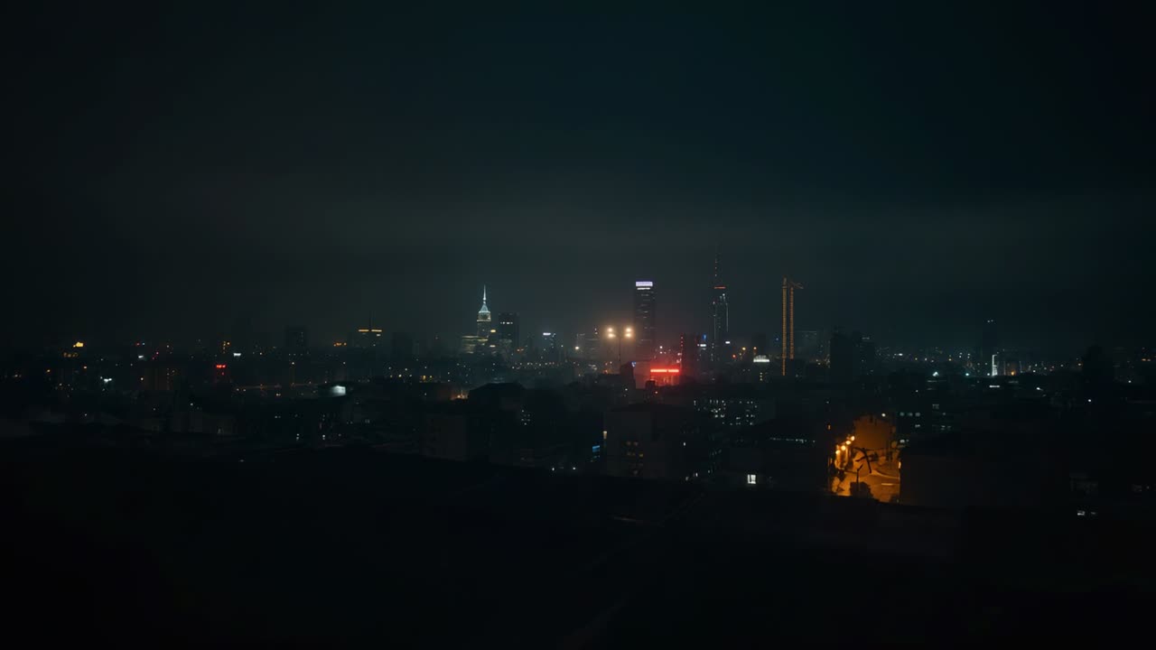 Řídnoucí opar odhaluje vzdálené panorama rozjasňující se v noci z vyvýšené střechy, s věží
