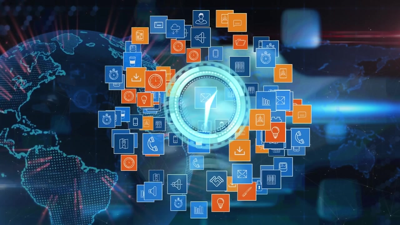 Animation of clock with icons over globe