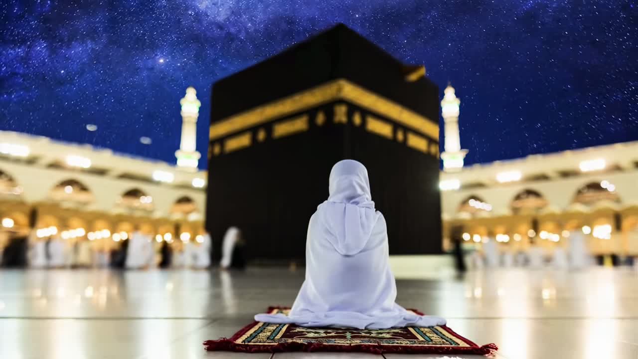 Fermo immagine video dal basso di una persona che prega di notte, di fronte alla Kaaba sotto un cielo stellato