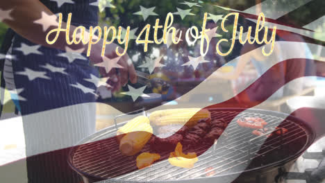 happy 4th of july text and a group of friends in a picnic.