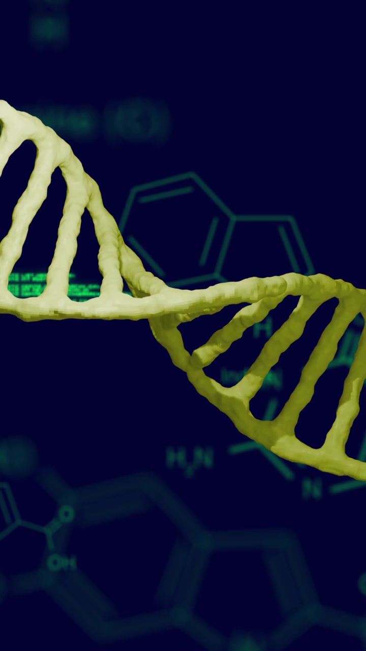 Animation of scientific data processing and dna strand over dark background
