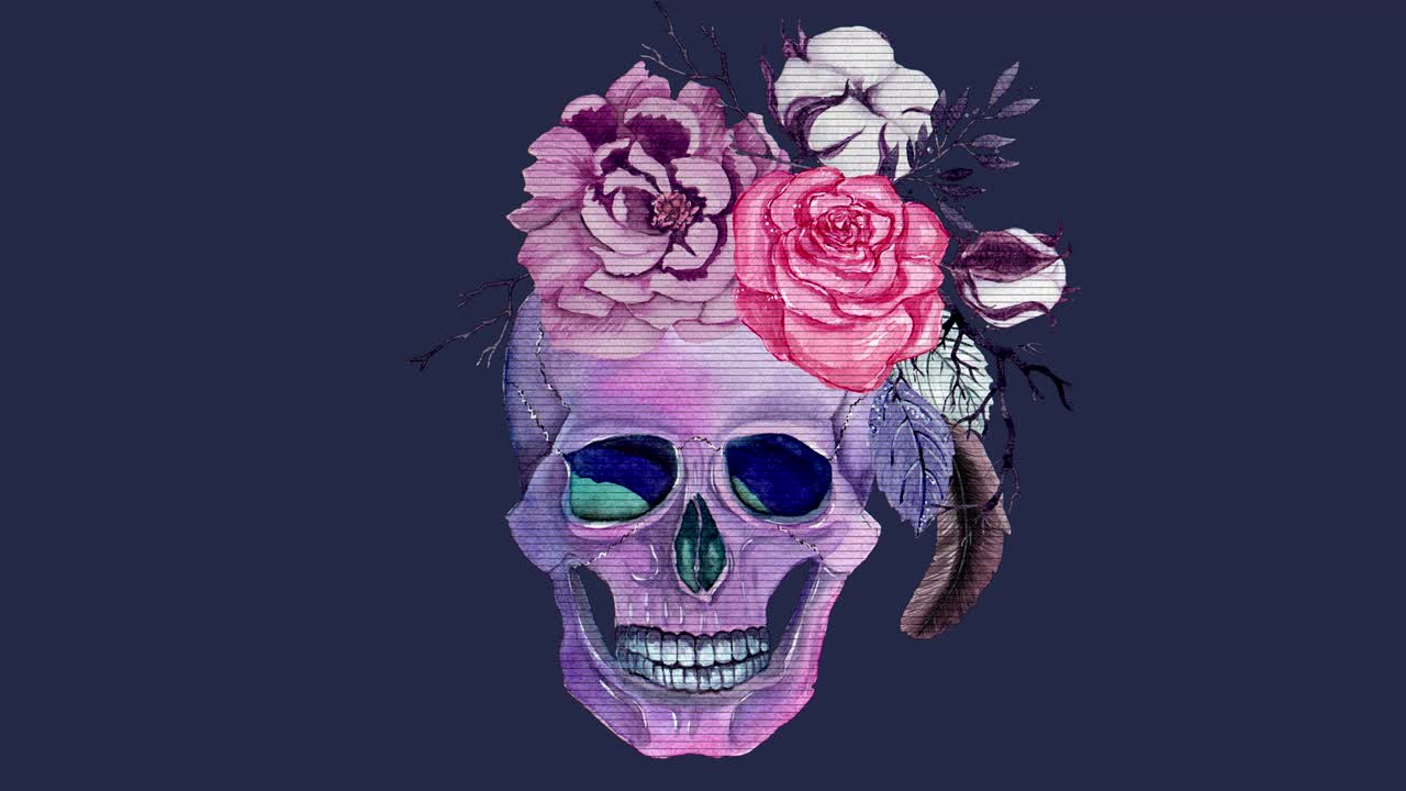 Halloween animation with watercolor skull, flowers, ornamental decor in vintage boho style. Animation of seamless loop.