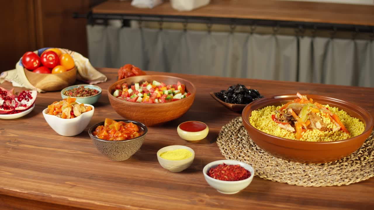cocina marroquí. tajine, plato tradicional hecho de cordero y berenjena, ensalada de verduras. cultura de oriente medio. couscous con carne de carnero de cerca, arroz delicioso. comida casera.