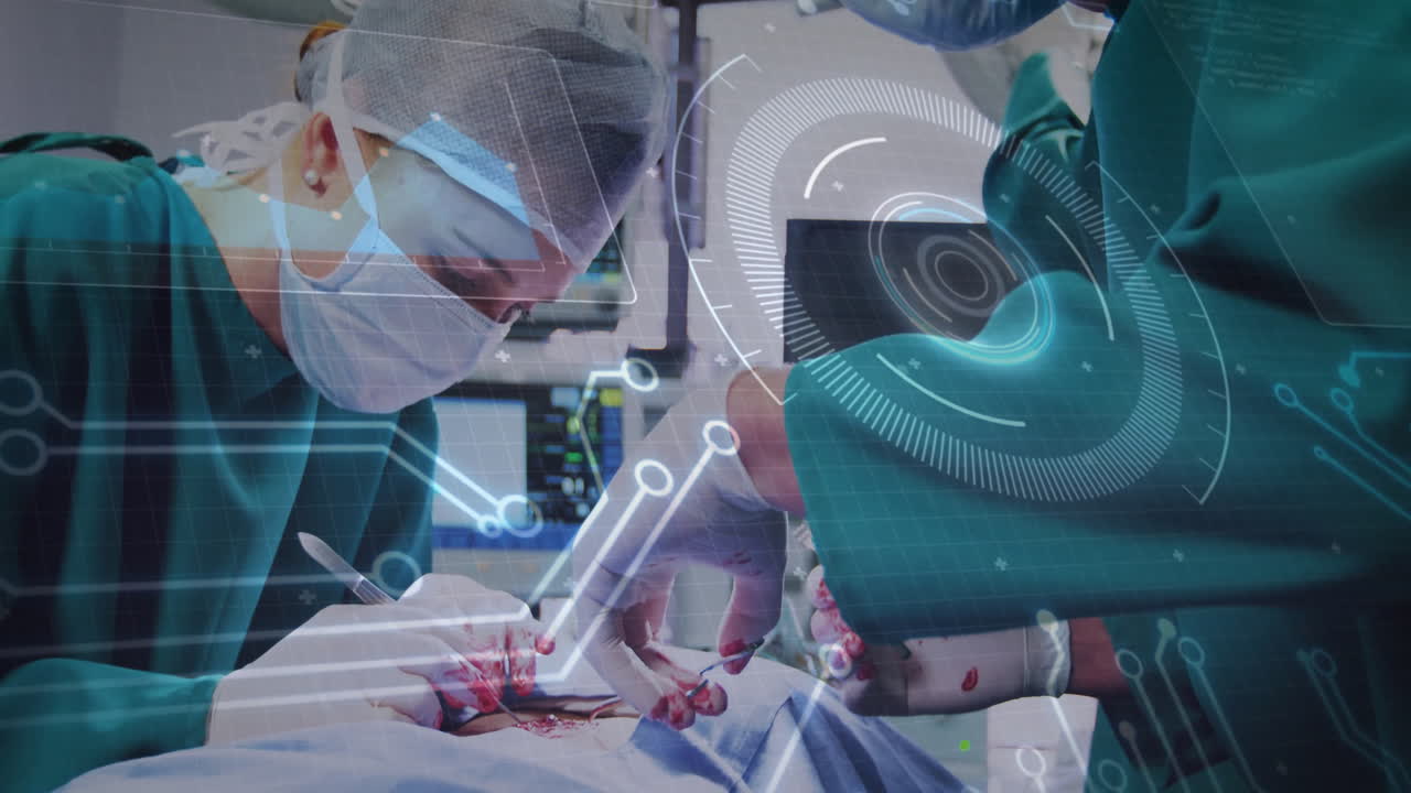 male surgeon making incision, surgical assistant holding forceps, with medical HUD overlay floating