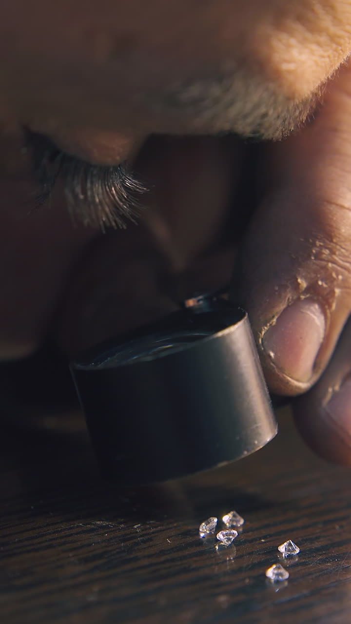 CU shot: bearded jeweler looks at small transparent gems through magnifier glass at wooden table extreme close view