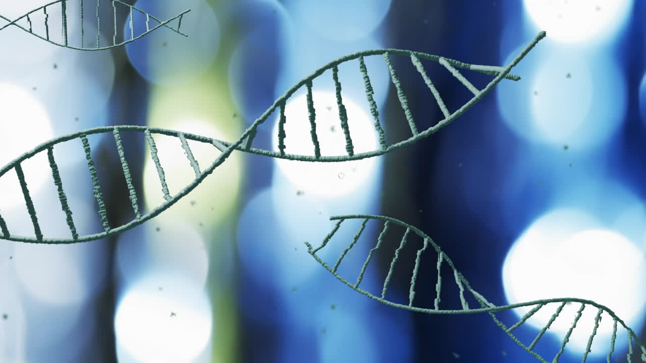 Animazione di filamenti di DNA su sfondo di luci sfocate