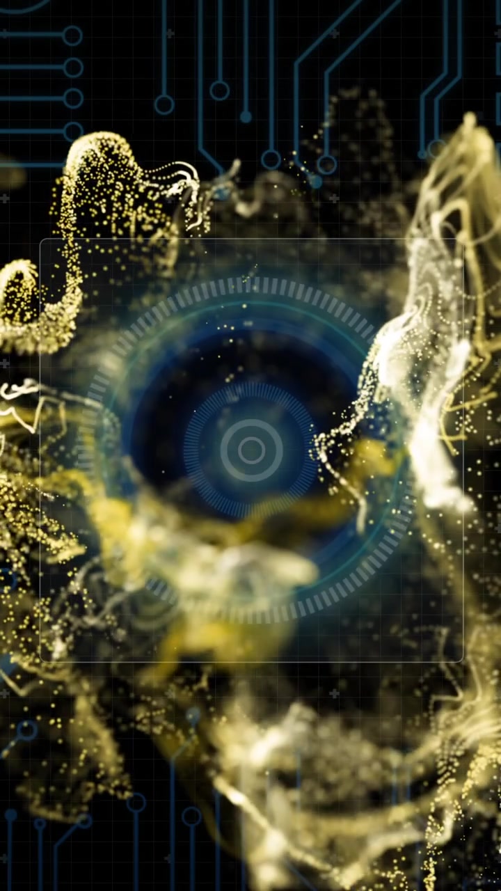 Sfondo di circuito digitale con particelle dorate vorticose e animazione di un bersaglio blu centrale