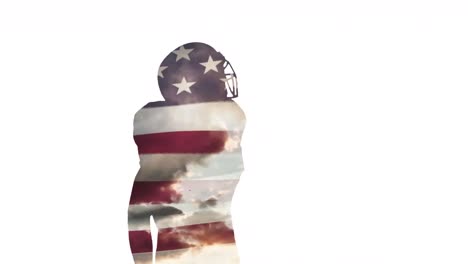 Animation-of-flag-of-usa-over-silhouette-of-male-american-football-player-on-white-background