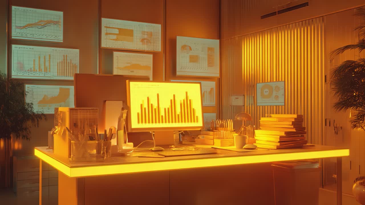 A Modern Office Workspace Bathed in Warm Golden Light with Data Visualizations on Screens, Featuring an Organized Desk with Stationery, Books, and a Computer Displaying Graphs and Charts