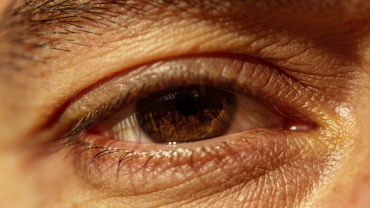 Blinking single brown iris responding to bright rectangular light closeup, with corneal highlight