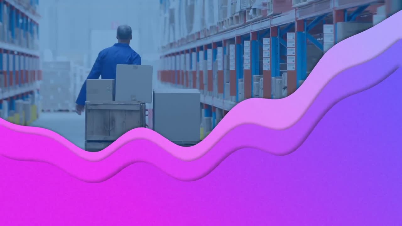animación de ondas púrpuras que se mueven sobre el hombre que trabaja en el almacén