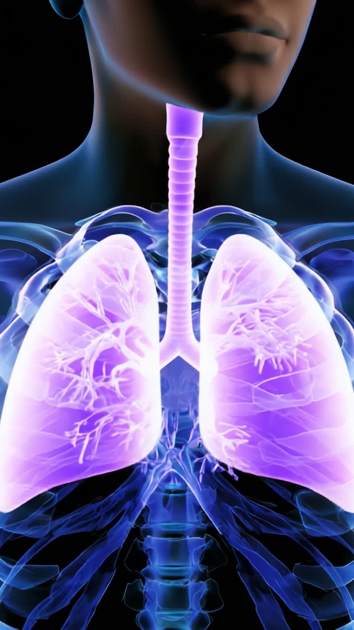 Visualizzazione anatomica dell'apparato respiratorio umano con polmoni, bronchi e trachea in un rendering in 3D dettagliato che illustra le strutture interne e le funzioni