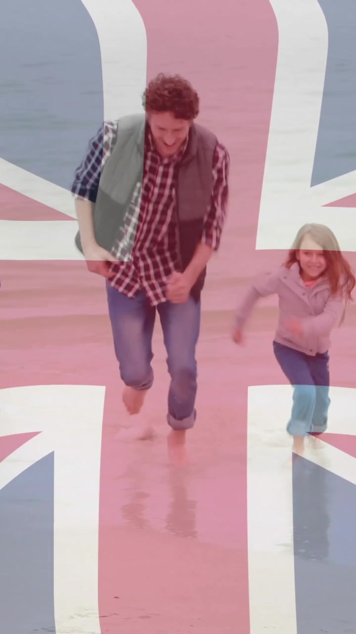 Union Jack vlag animatie boven man en meisje die wandelen op het strand