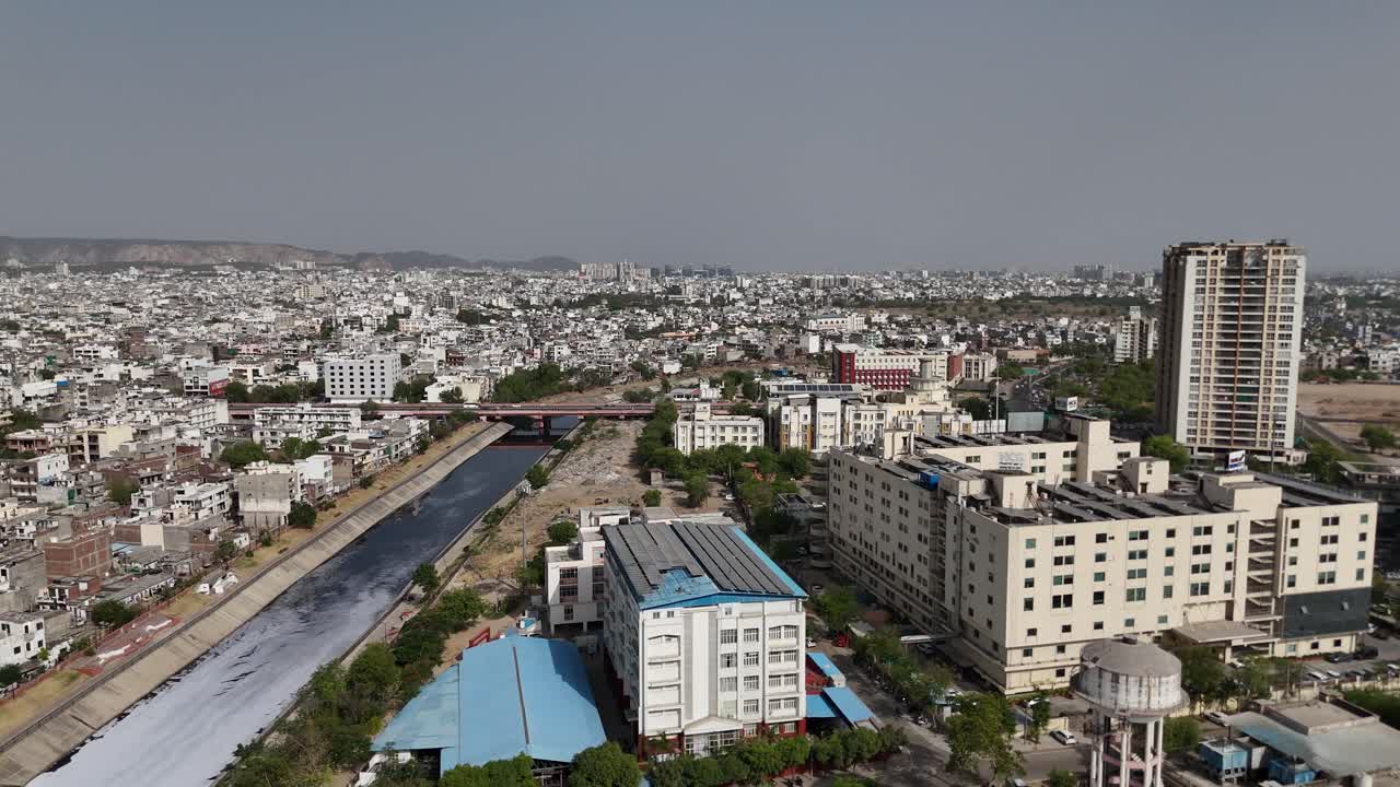 Drone footage of Jaipur skyline showcasing a mix of modern and traditional architecture