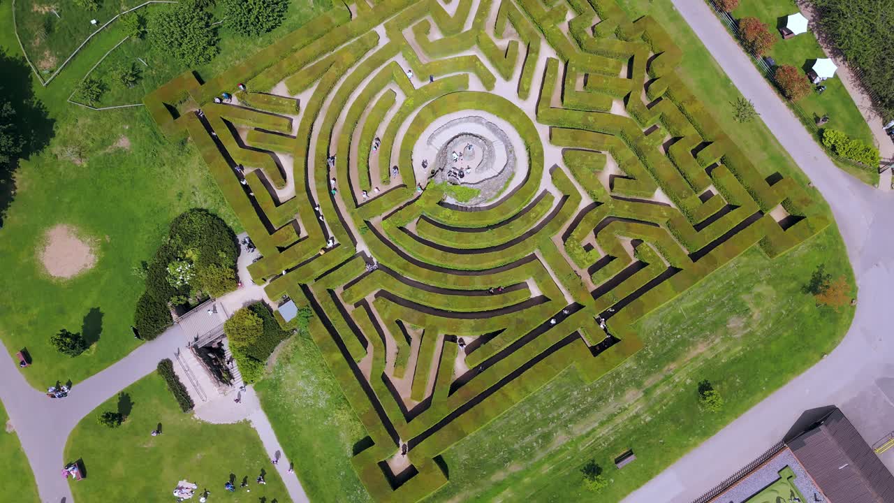 Aerial parallax view, Leeds Castle garden maze challenge scenery