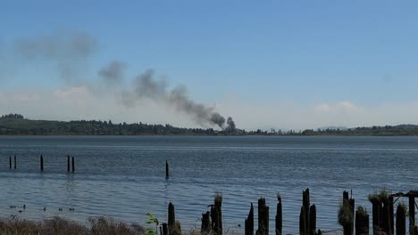 Enten,-Die-Als-Rauch-Aus-Dem-Feuer-Im-Wasser-Schwimmen,-üben-Für-Camp-Rilea-In-Youngs-Bay,-Oregon,-Und-Blicken-Von-Einem-Alten-Dock-über-Pylonen,-Während-Der-Rauch-Nach-Oben-Und-Nach-Links-Bläst