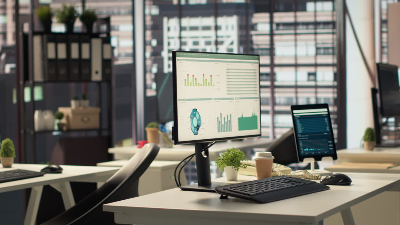 Modern Office Workspace with Data Displays