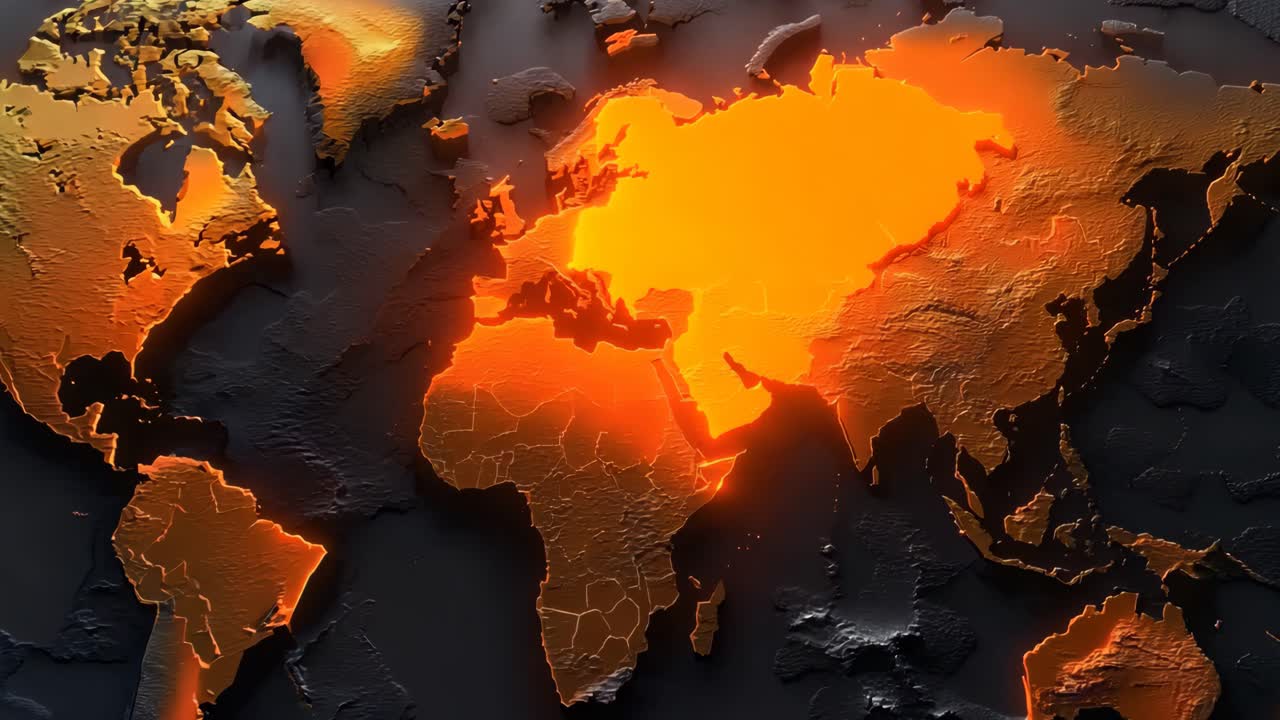 A black and orange world map with a burnt out look. The map is orange and black with a burnt out look, giving it a sense of decay and destruction
