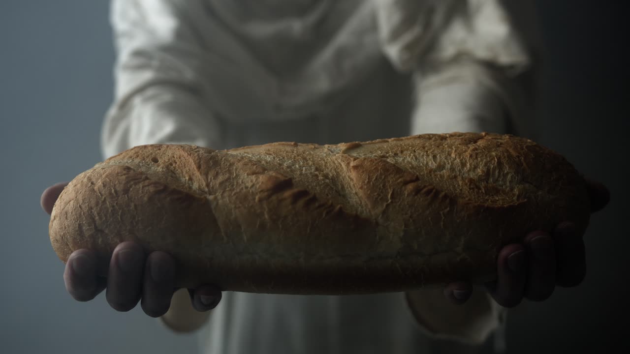 Jesus Christ in white robe and glowing light holding bread and offering it as a representation of the gospel and Jesus as the bread of life in cinematic, dramatic slow motion.