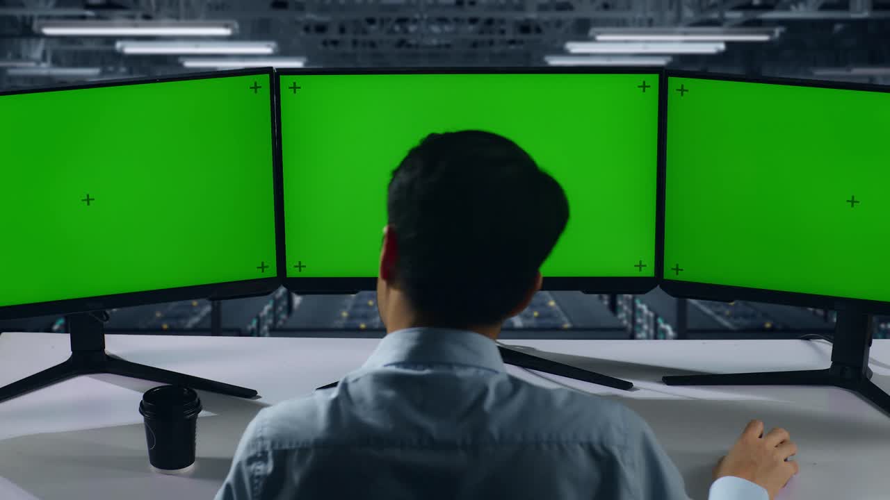 여러 개의 녹색 화면 모니터를 가진 서버 에 있는 사람