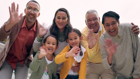 hello, video call and a family together outdoor