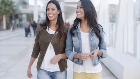 Zwei-Junge-Frauen,-Die-Eine-Promenade-Entlangschlendern