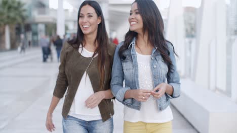 dos mujeres jóvenes paseando por un paseo marítimo