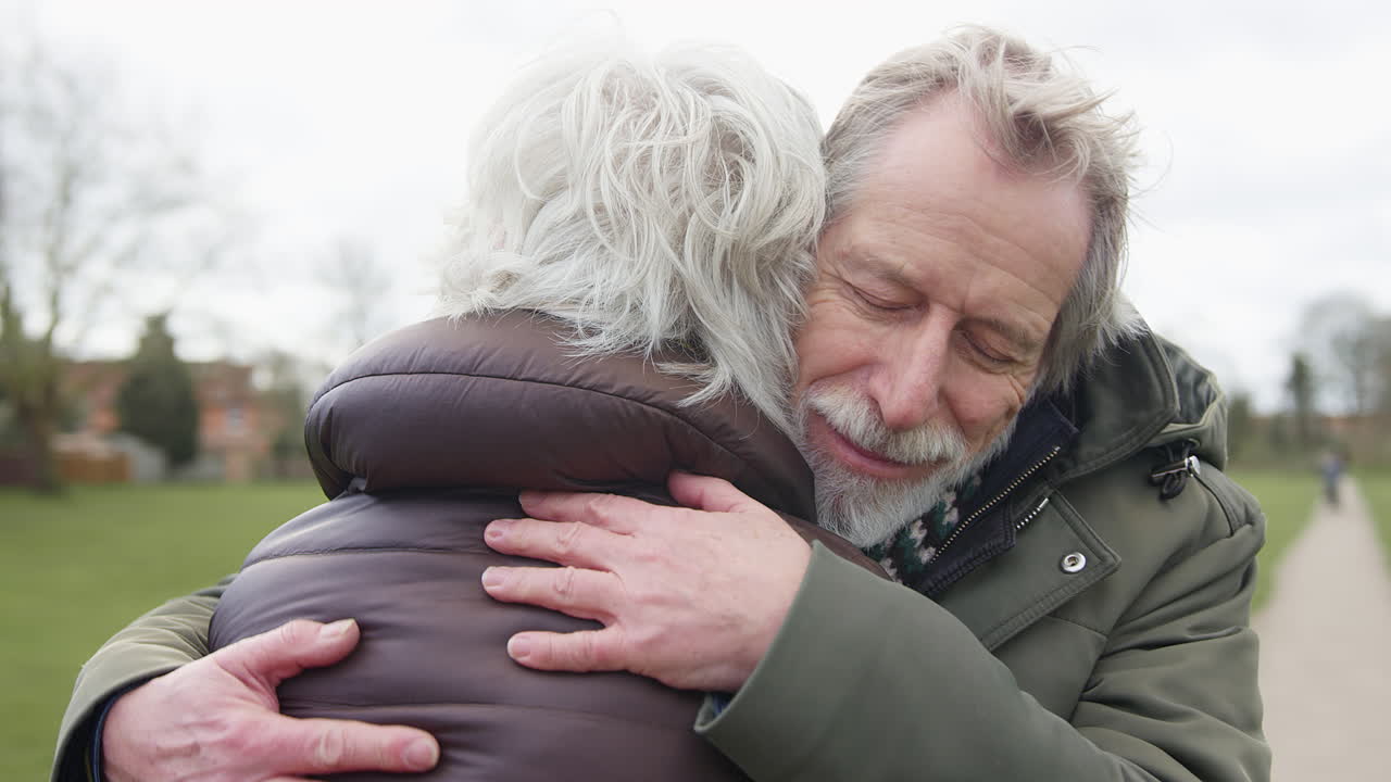 ⁇ 은 부부가 가을이나 겨울 공원에서 만나는 동안 포옹