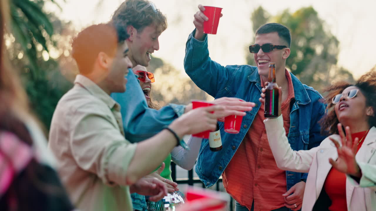 Group of friends celebrating with beer