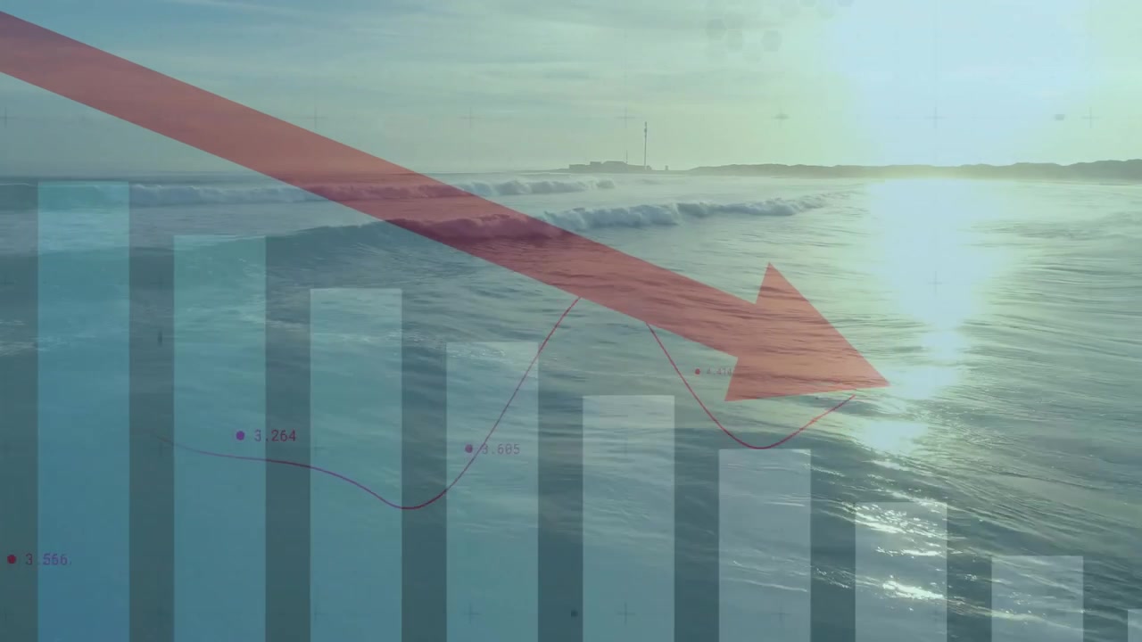 Upon overlay appearing, dark bars and red arrow staying fixed over sea waves reinforcing downtrend