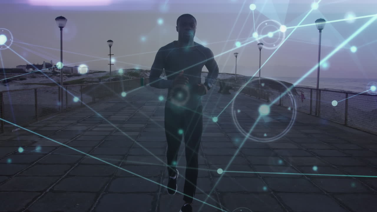 animación de la red que conecta puntos con círculos, hombre africano corriendo en el muelle en la playa