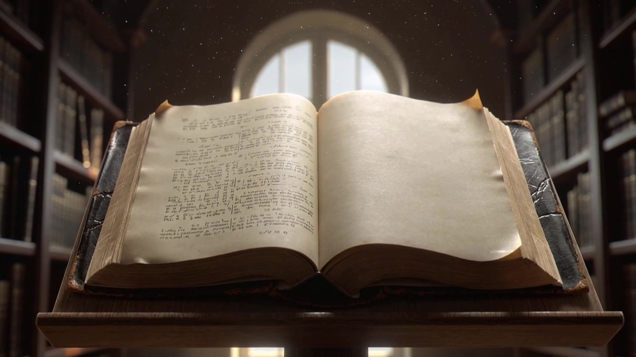 Open Antique Book on Lectern in Library