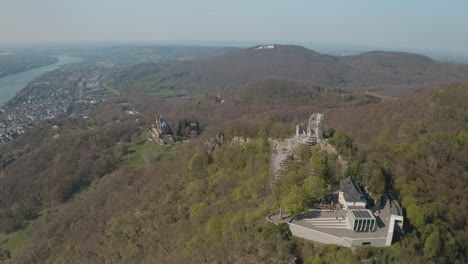 Drone---Aerial-Shot-Of-The-Drachenfels-With-Castle-Drachenburg-And-The-River-Rhine-Siebengebirge-Near-Bonn---Königswinter