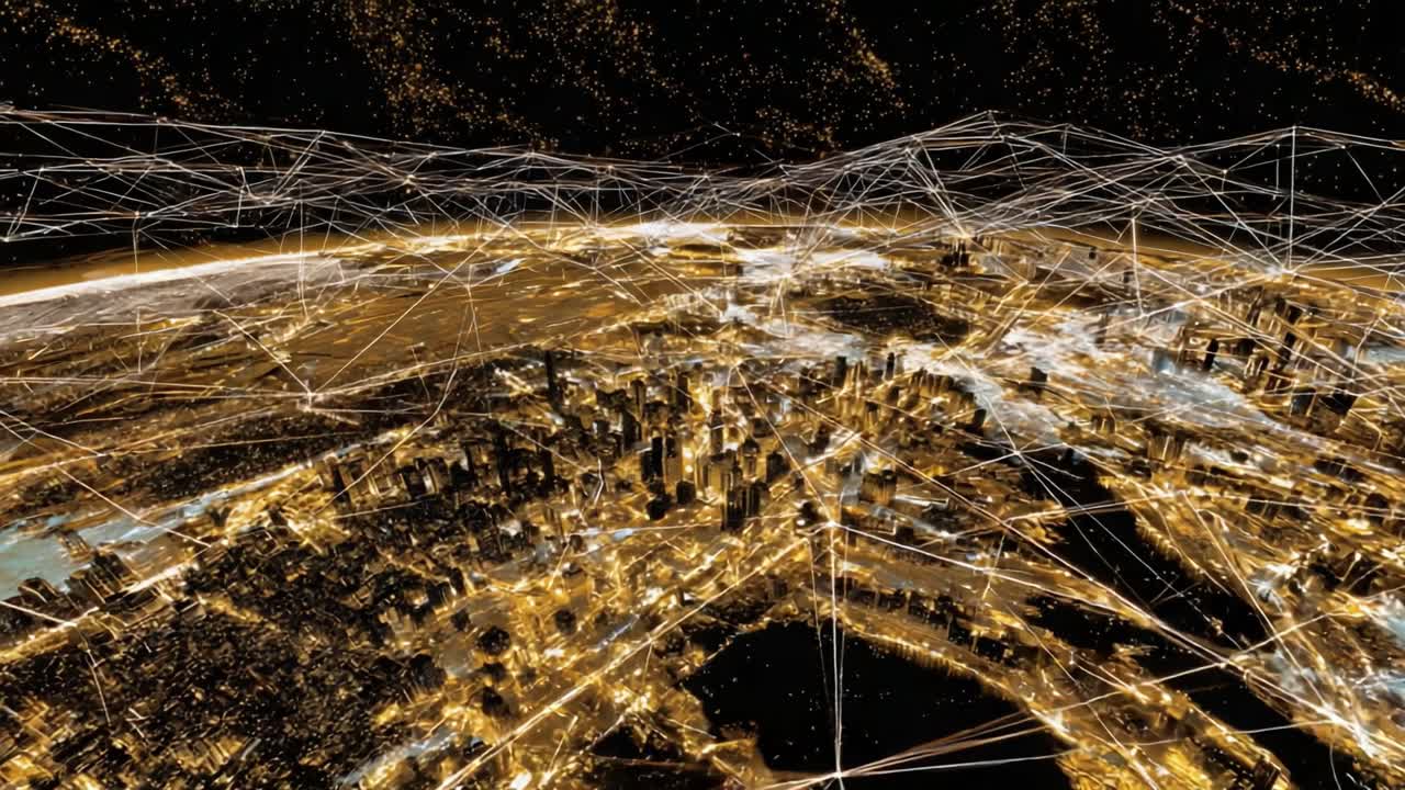 Aerial Overview of a Metropolis Illuminated at Night, Connected by Dynamic Digital Networks and Communication Lines, Signifying Urban Life and Technological Integration
