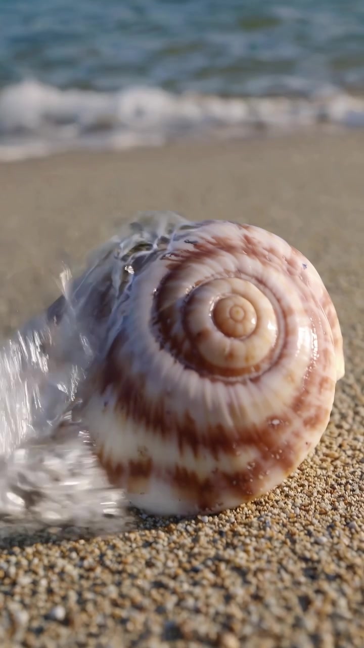 Seashell on Sandy Beach Washed by Gentle Ocean Waves