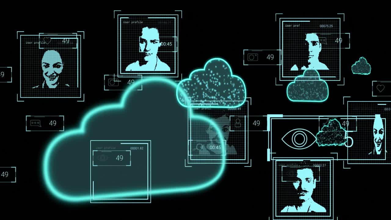 animación del procesamiento de datos con retratos sobre iconos de nubes sobre fondo negro.