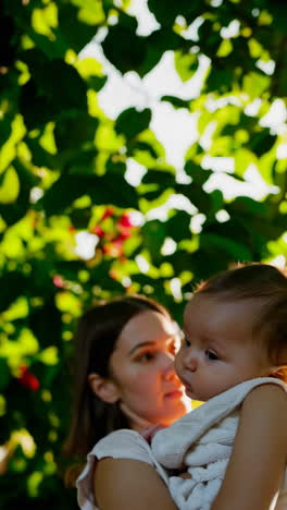 a loving mother holding her baby outdoors in golden sunlight
