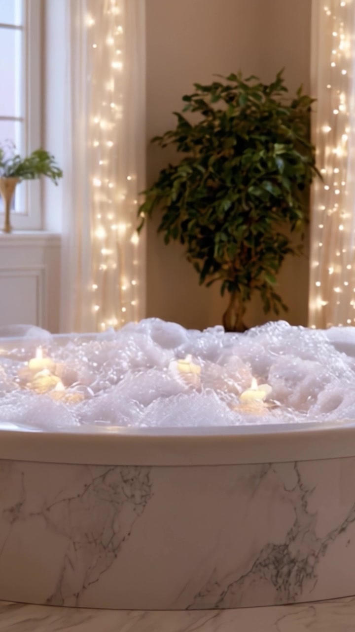 Una Scena Lussuosa della Vasca da Bagno con Bolle e Candele, Perfetta per il Relax e l'Indulgenza in un Ambiente Accogliente ed Elegante Circondato da Illuminazione Soffusa e Vegetazione