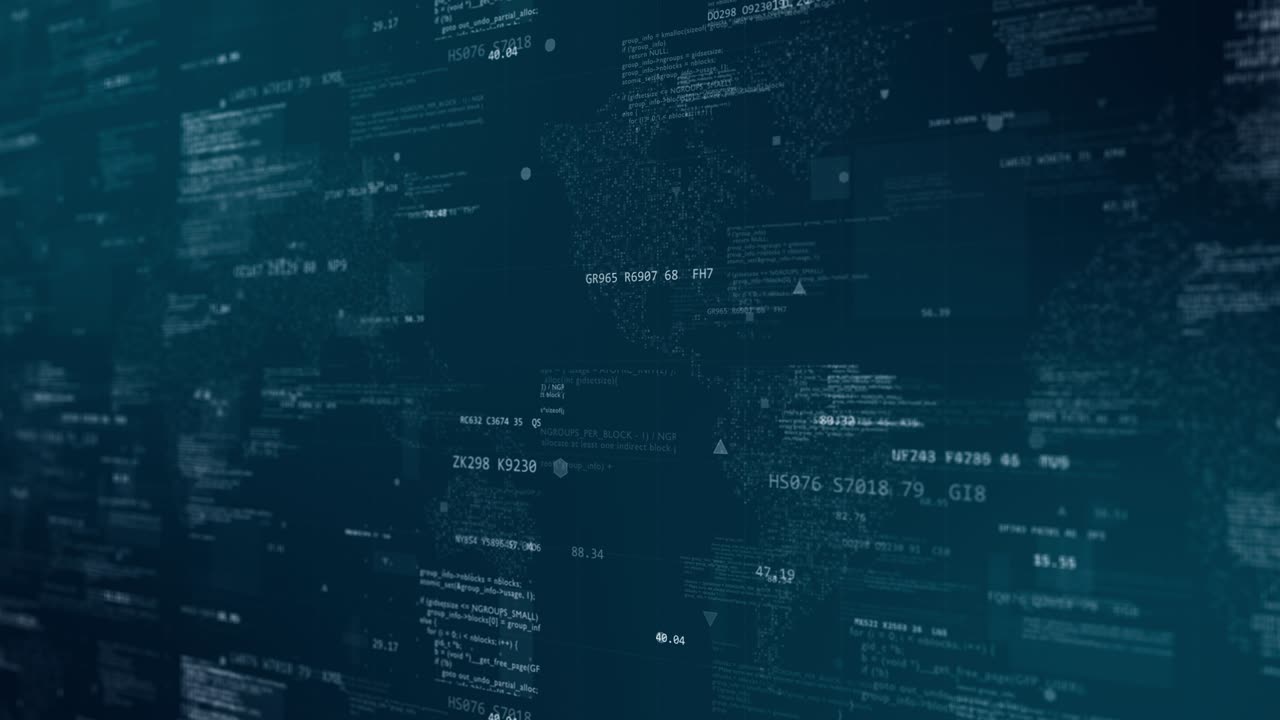 Motion graphic of Blue digital cyberspace with program code levitation on futuristic map background technology abstract background concept seamless loop video