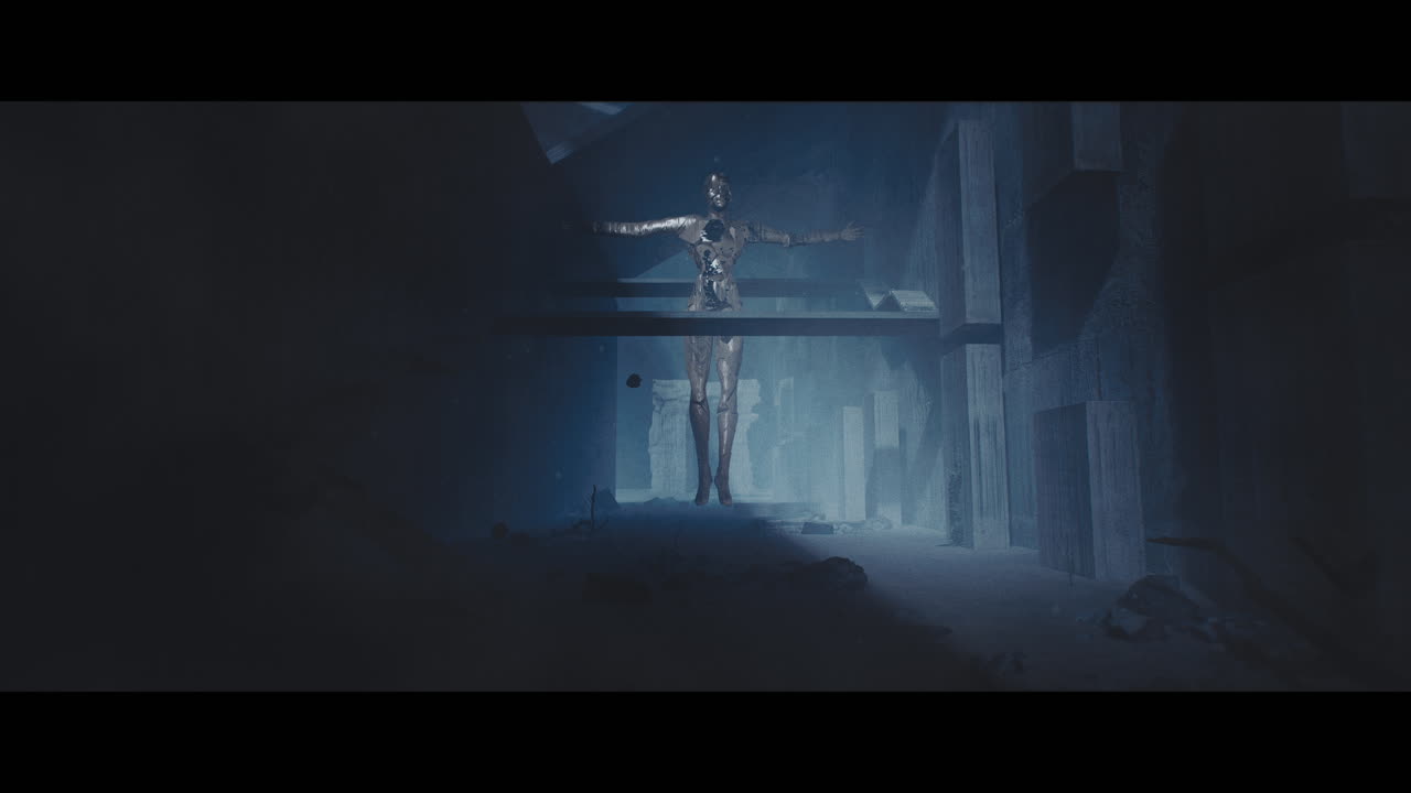 A majestic and otherworldly robot stands in a futuristic ruin