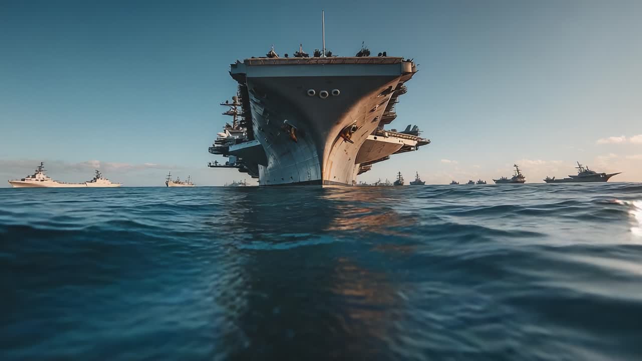 A Majestic Aircraft Carrier Dominating the Ocean Surface, Surrounded by a Fleet of Support Ships under a Clear Sky, Captured from an Engaging Low-Angle Perspective