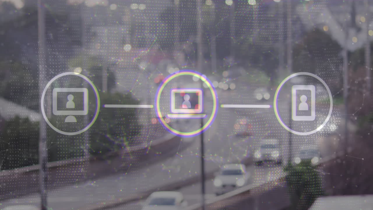 Traffic scene with digital network icons and connections overlay animation