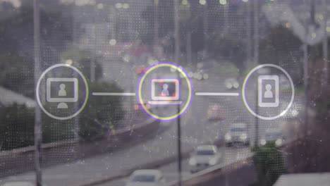 traffic scene with digital network icons and connections overlay animation