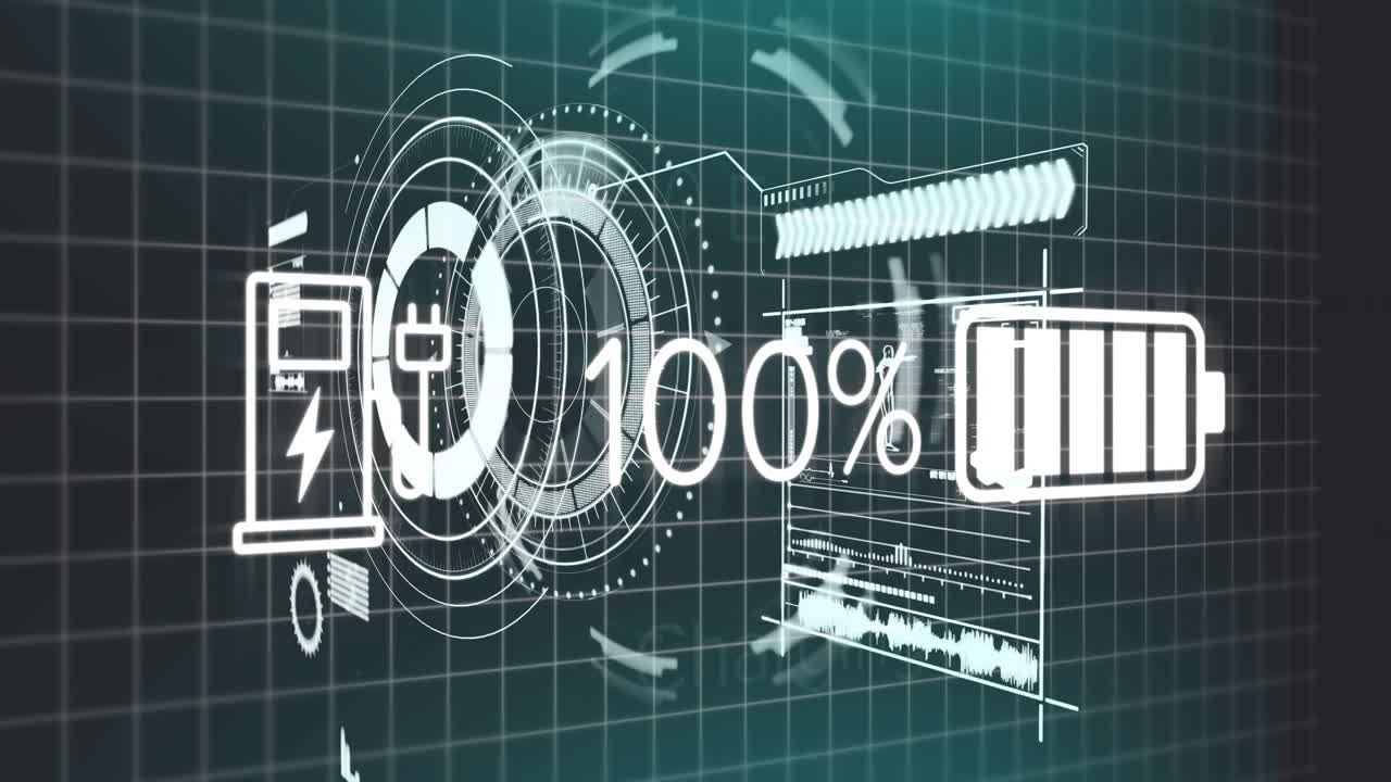 Battery charging animation showing 100% completion over digital grid background