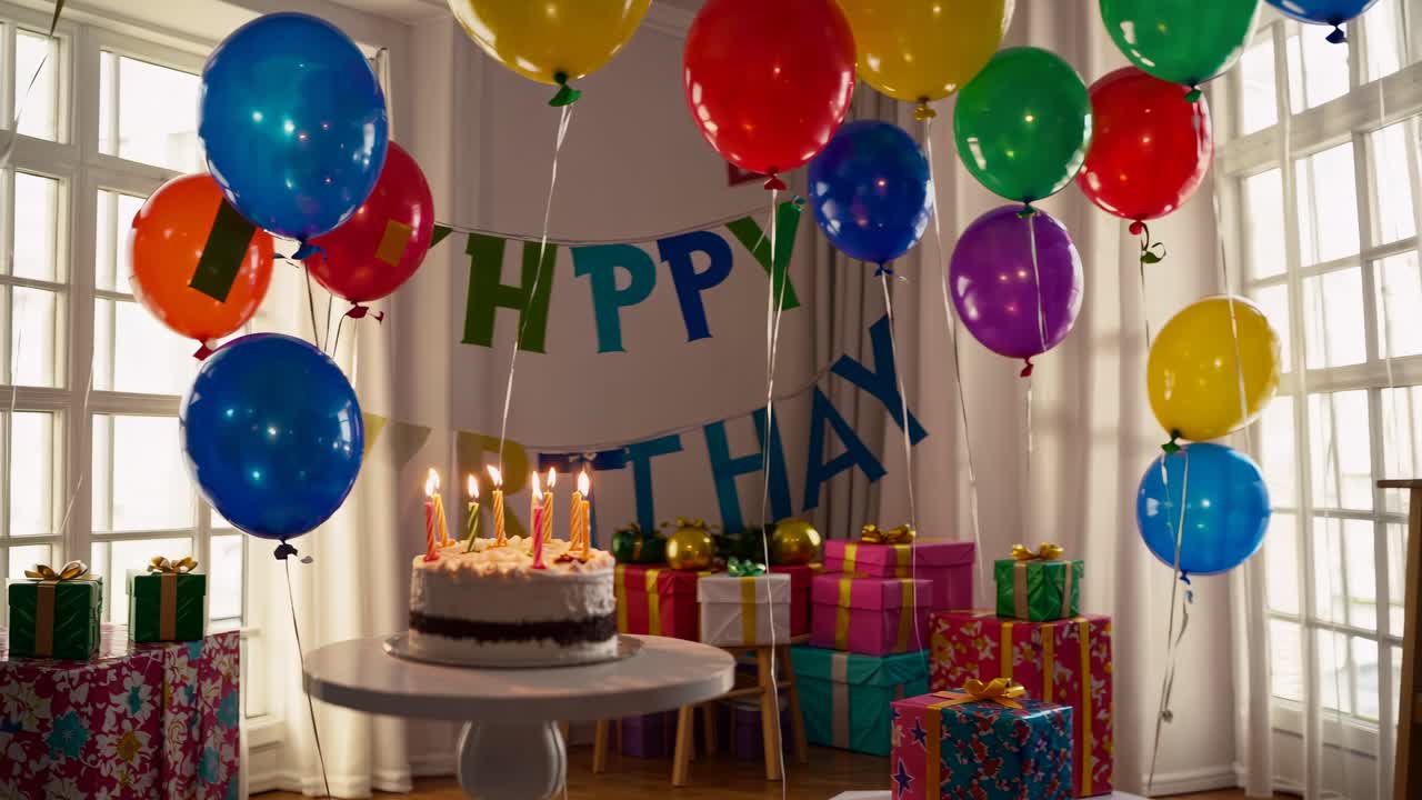 Close-up video of a birthday cake with lit candles, shot from a low angle